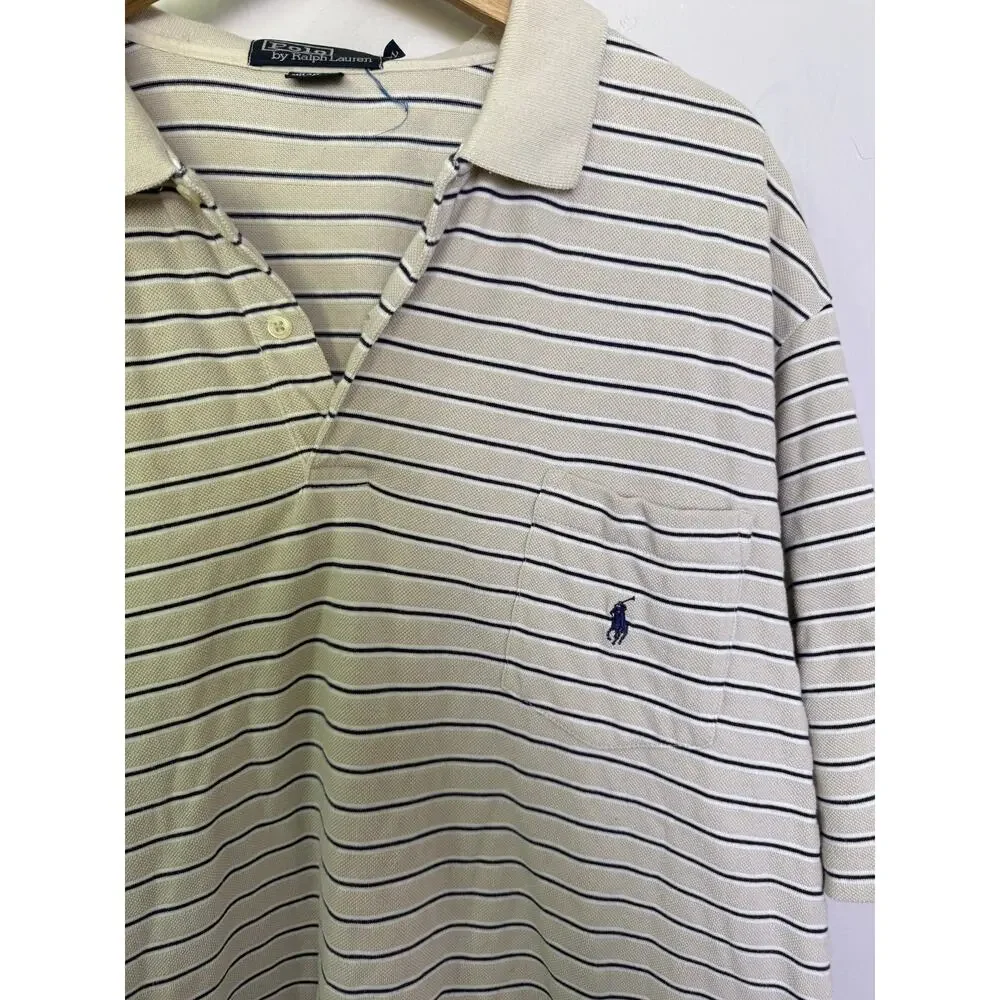 Polo Ralph Lauren Polo Shirt Mens Size XL Tan Striped Short Sleeve Slit Collared